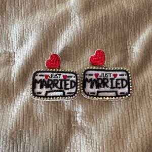 Just Married Earrings with Red Hearts
